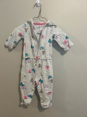 Carter's Light Gray Butterfly Hooded Footie with Pink & Teal Accents